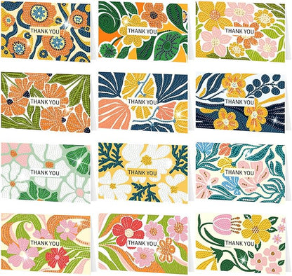 Saillong 12 Pack Flower Thank You Diamond Painting Greeting Card Kits DIY Spring Diamond Art Cards with Envelopes Floral 5D Rhinestones Painting Making Kits for Adults DIY Craft Family Birthday Gifts