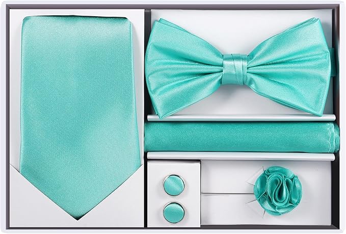 TIE G 5pcs Tie Set in WHITE OR BLACK GIFT BOX: Solid Color Necktie, Satin Bow Tie, Pocket Square, Lapel, Cuff Links