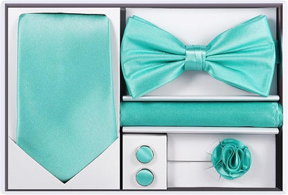 TIE G 5pcs Tie Set in WHITE OR BLACK GIFT BOX: Solid Color Necktie, Satin Bow Tie, Pocket Square, Lapel, Cuff Links