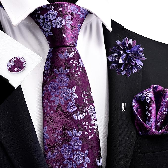 GUSLESON 3.15"（8cm） Mens Floral Tie and Lapel Pin Necktie Hankerchief Cufflinks Set for Men