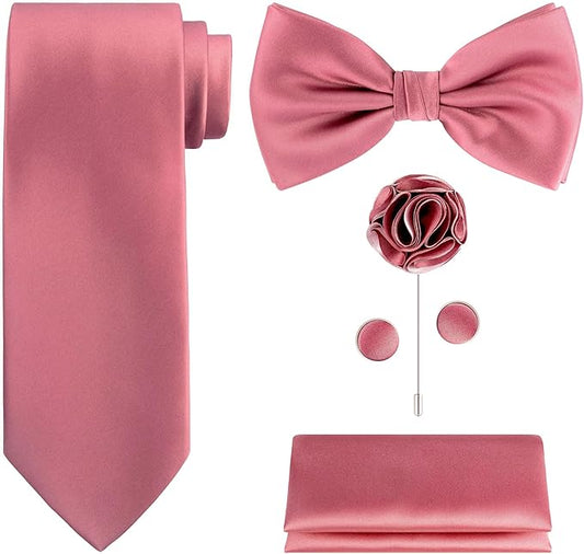 TIE G 5pcs Tie Set in WHITE OR BLACK GIFT BOX: Solid Color Necktie, Satin Bow Tie, Pocket Square, Lapel, Cuff Links
