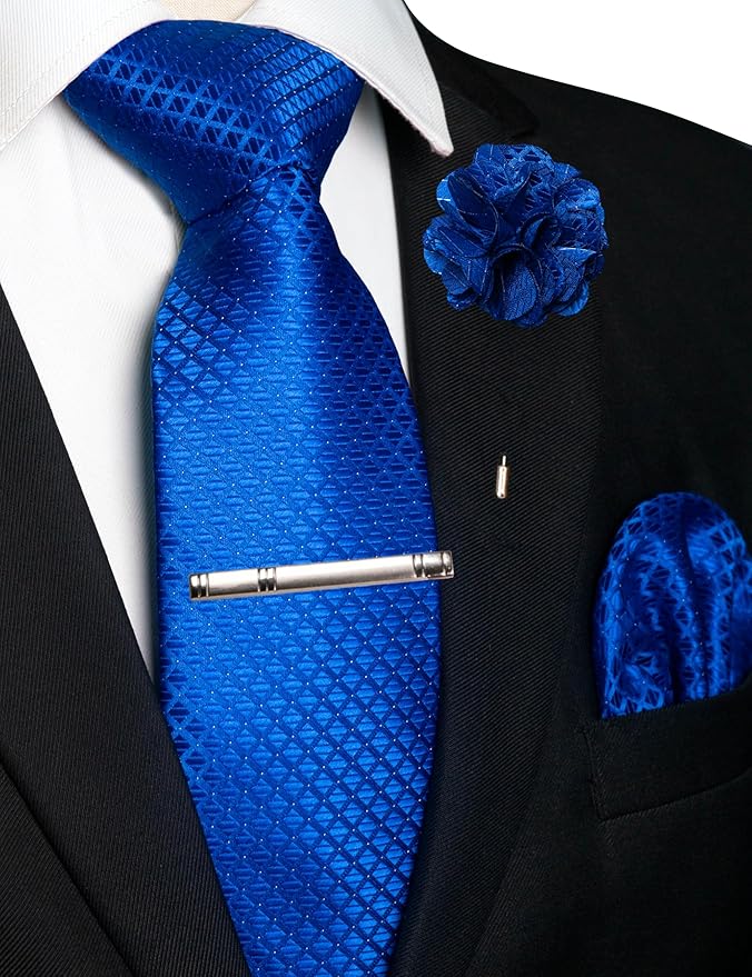 JEMYGINS Mens Solid Color Plaid Tie and Lapel Pin Necktie Pocket Square and Tie Clip with Sets for Business Casual 4PCS