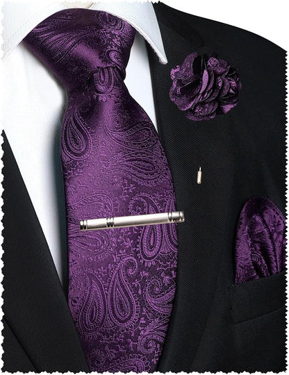 JEMYGINS Mens Paisley Tie and Lapel Pin Necktie Pocket Square and Tie Clip with Sets for Business Casual 4PCS