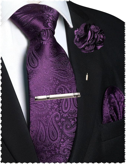 JEMYGINS Mens Paisley Tie and Lapel Pin Necktie Pocket Square and Tie Clip with Sets for Business Casual 4PCS
