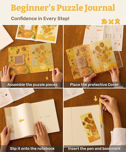 PieceRelax A5 Puzzle Journal for Adults, 300 Piece Plastic Jigsaw Book Cover (Includes Notebook) - Van Gogh - Sunflowers, Unique Gift [YA1064]