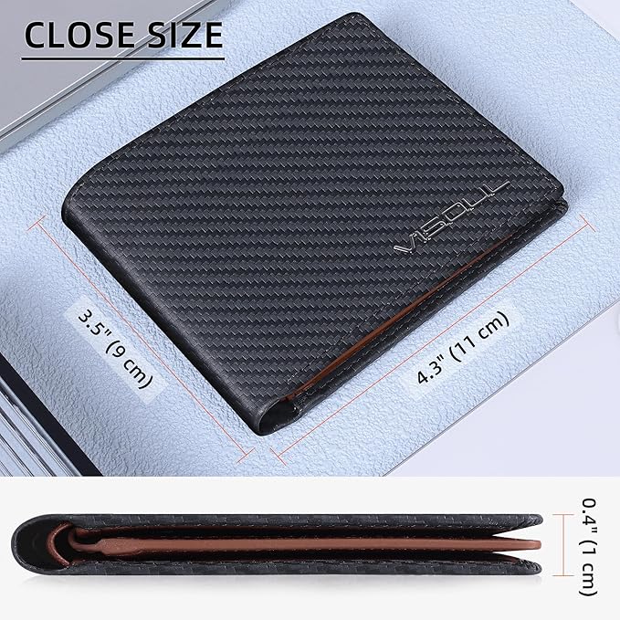 VISOUL Leather Mens Bifold RFID Blocking Wallet with 2 ID Windows, Leather Wallet for Men (Carbon Fiber, Black+Brown)
