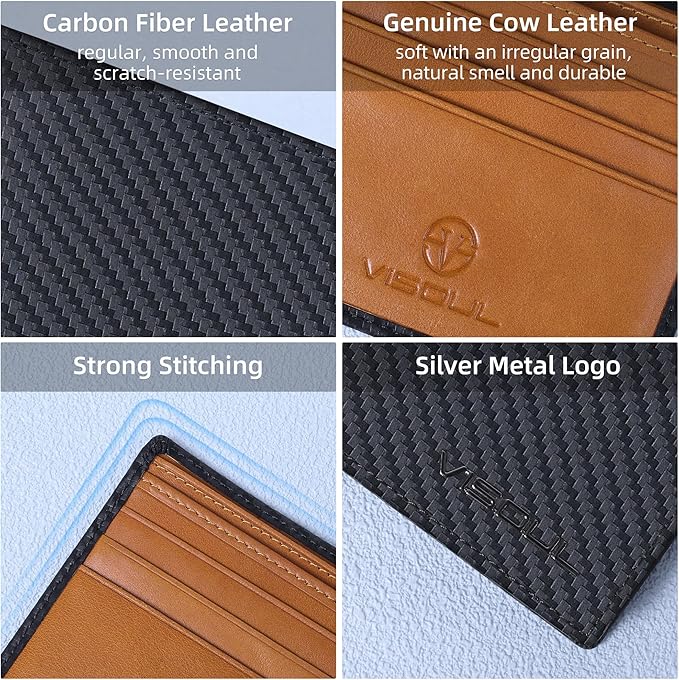 VISOUL Mens Carbon Fiber Leather Bifold Wallet with 2 ID Windows, RFID Blocking Stylish Wallet for Men with 2 Cash Compartments (Black+Yellow)