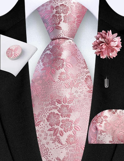 GUSLESON 3.15"（8cm） Mens Floral Tie and Lapel Pin Necktie Hankerchief Cufflinks Set for Men