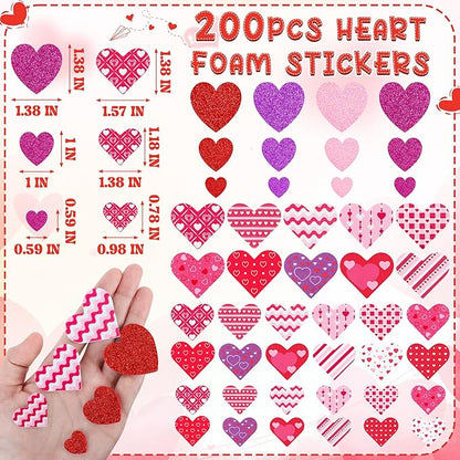 200 PCS Valentines Stickers for Kids, Glitter Foam Heart Stickers, Self-Adhesive Valentines Crafts, Polka Dots Heart Foam Stickers Red Pink Purple Foam Valentine Stickers Scrapbook Card Present DIY