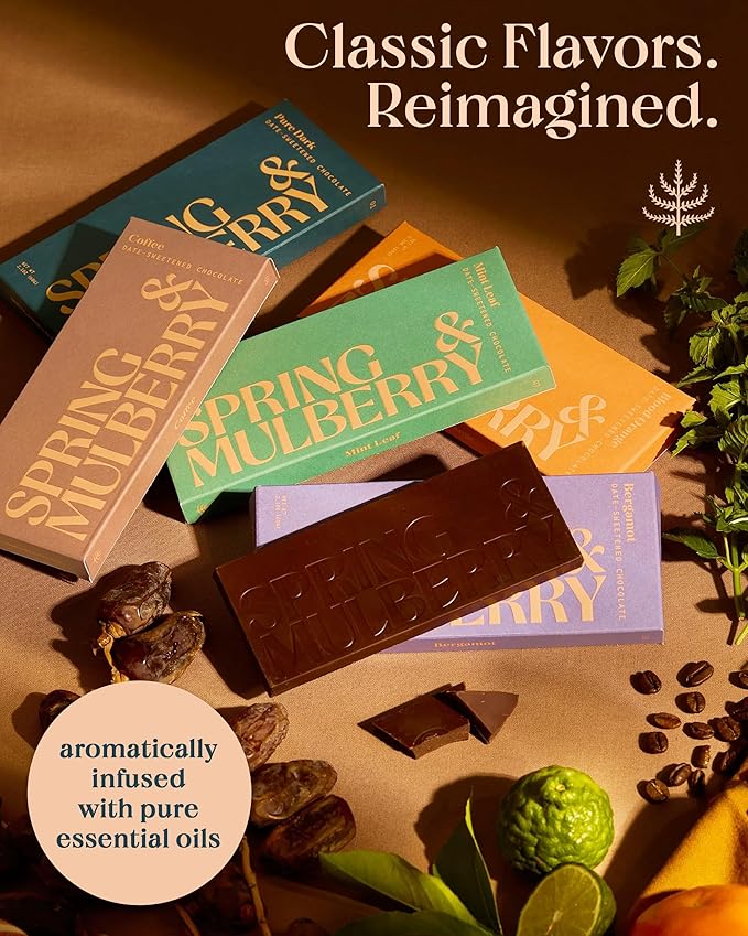 Spring & Mulberry Healthy Dark Chocolate Bars Sugar Free - Date Sweetened Chocolate Gift Box - Healthy Bars, Gluten Free & Vegan - Essence Holiday Chocolates Gift Set
