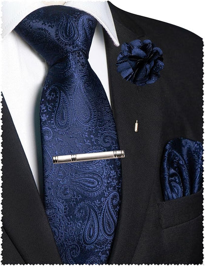 JEMYGINS Mens Paisley Tie and Lapel Pin Necktie Pocket Square and Tie Clip with Sets for Business Casual 4PCS