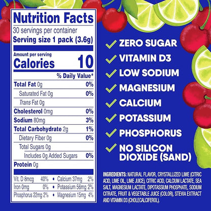 GoHydrate Low Sodium Electrolytes Powder Packets Sugar Free - Instant Hydration Daily Drink Mix - Zero Sugar Water Flavor Packet Singles with Vitamin D - (Cherry Limeade, 30 Packs)