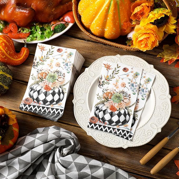 Karenhi 200 Pcs Fall Paper Napkins Black and White Pumpkin Disposable Hand Towels for Bathroom 2 Ply Floral Guest Napkins Thanksgiving Decorative Napkins Halloween Paper Napkin for Autumn Baby Shower