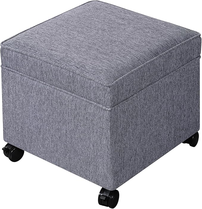 Adeco 17.5" Grey Square Storage Ottoman with Wheels, Modern Cotton Linen Foot Stool with Rollers - Movable & Convenient & Practical, Small Footstool for Living Room, Bedroom