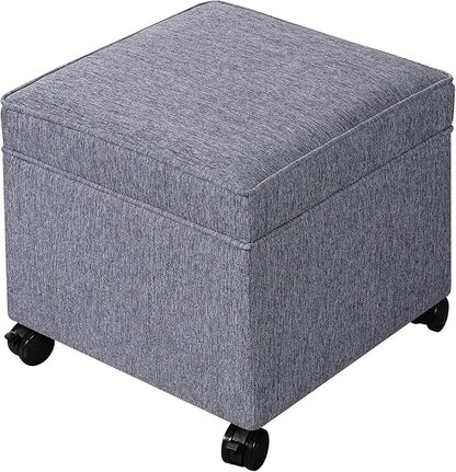 Adeco 17.5" Grey Square Storage Ottoman with Wheels, Modern Cotton Linen Foot Stool with Rollers - Movable & Convenient & Practical, Small Footstool for Living Room, Bedroom