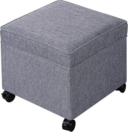 Adeco 17.5" Grey Square Storage Ottoman with Wheels, Modern Cotton Linen Foot Stool with Rollers - Movable & Convenient & Practical, Small Footstool for Living Room, Bedroom