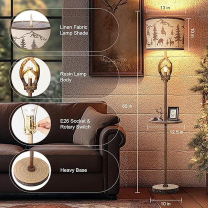 Antlers Style Metal Tray Floor Lamp with Night Light Rustic Standing Lamp with Linen Fabric Shade Farmhouse Vintage Floor Lamp Decor for Living Room Bedroom House Home Office (Bulb Included)