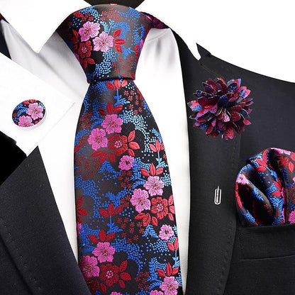 GUSLESON 3.15"（8cm） Mens Floral Tie and Lapel Pin Necktie Hankerchief Cufflinks Set for Men