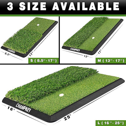 CHAMPKEY Dual-Turf Golf Hitting Mat | Come with 9 Golf Tees & 1 Rubber Tee | Heavy Duty Rubber Backing Golf Practice Mat Ideal for Indoor & Outdoor Training