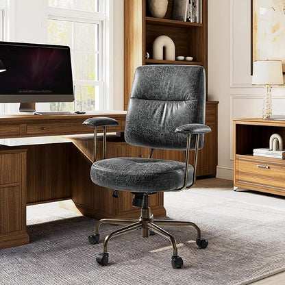 EUREKA ERGONOMIC Becky Home Office Desk Chairs Leather, Comfy Office Chair with Lumbar Support and Arms, Mid-Back, Comfortable Thick Cushion, Height Adjustable, Mid-Century Modern, Gary