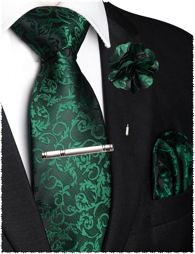 JEMYGINS Mens Floral Tie and Lapel Pin Necktie Pocket Square and Tie Clip with Sets for Business Casual 4PCS