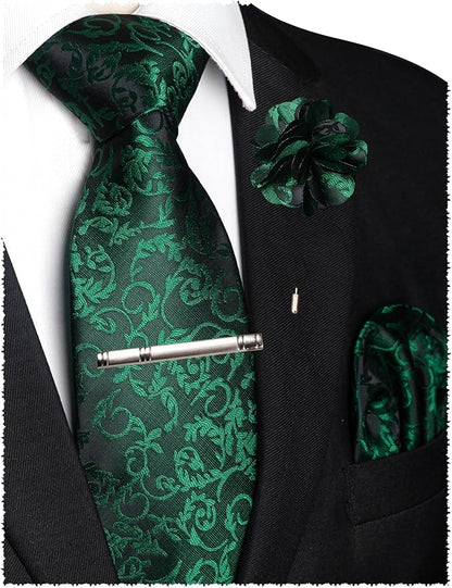 JEMYGINS Mens Floral Tie and Lapel Pin Necktie Pocket Square and Tie Clip with Sets for Business Casual 4PCS