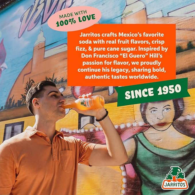Jarritos - Mexican Soda Soft Drinks, Mandarin (17.7 oz, 524ml) 24 Bottles - Made with Real Cane Sugar - 0g Fat - Made in Mexico - Natural Flavor Soda Pop - Party & BBQ Beverages