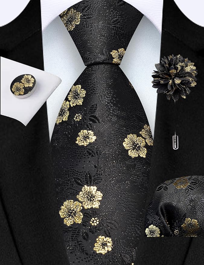 GUSLESON 3.15"（8cm） Mens Floral Tie and Lapel Pin Necktie Hankerchief Cufflinks Set for Men