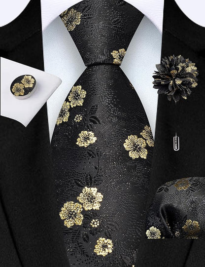 GUSLESON 3.15"（8cm） Mens Floral Tie and Lapel Pin Necktie Hankerchief Cufflinks Set for Men