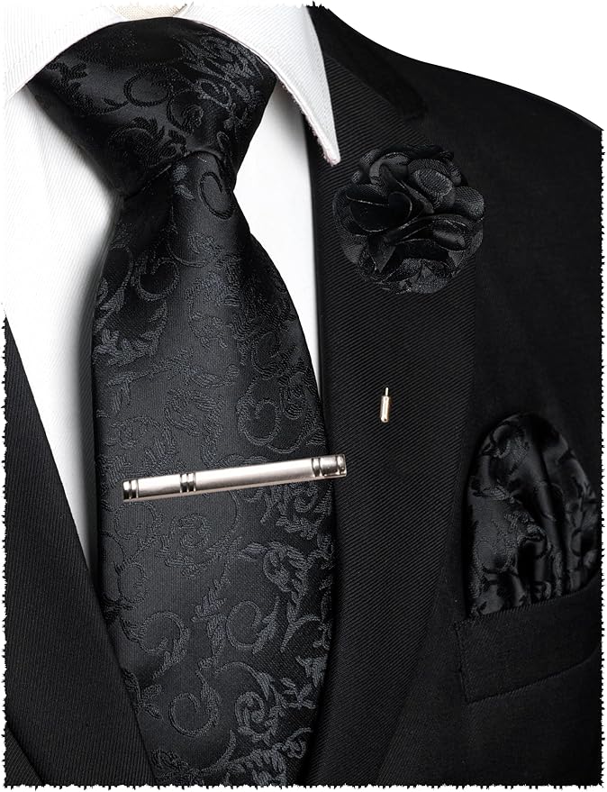 JEMYGINS Mens Floral Tie and Lapel Pin Necktie Pocket Square and Tie Clip with Sets for Business Casual 4PCS