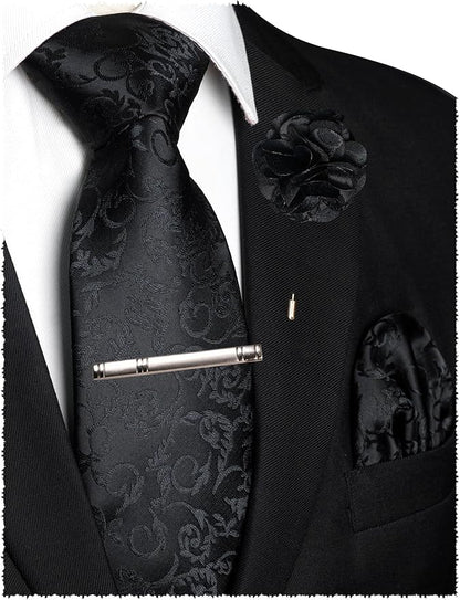 JEMYGINS Mens Floral Tie and Lapel Pin Necktie Pocket Square and Tie Clip with Sets for Business Casual 4PCS