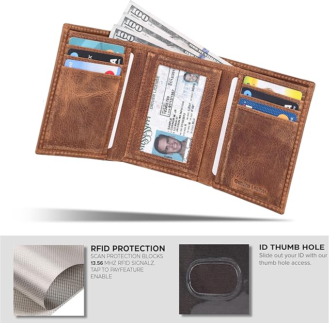 Tri fold Leather Wallet for Men with RFID | Slim Wallets for Men with 1 ID and 6 Credit card slots | Front Pocket Minimalist
