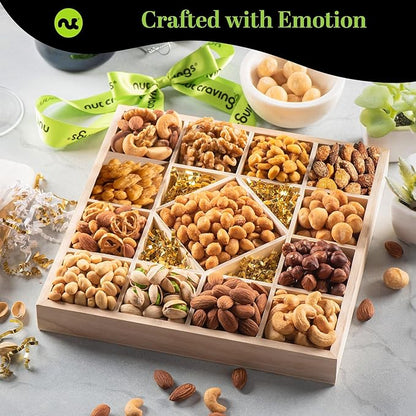 NUT CRAVINGS - Thanksgiving Mixed Nuts Gift Basket in Reusable Diamond Wooden Tray + Green Ribbon (13 Assortments) Holiday Xmas Christmas Food Arrangement Healthy Snack Care Package
