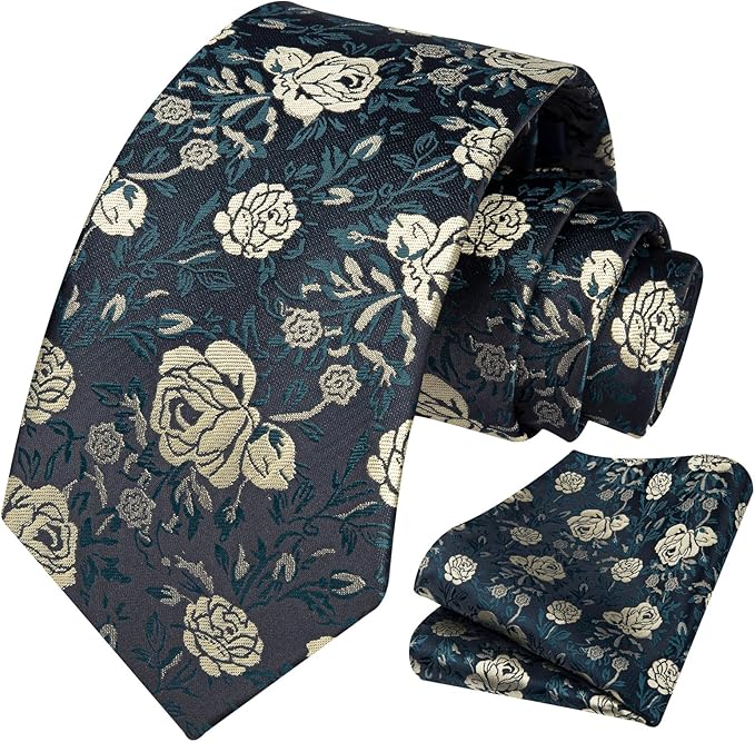HISDERN Men Floral Ties Woven Classic 3.4" Necktie Set Formal Tie Pocket Square for Wedding with Handkerchief Gift Box