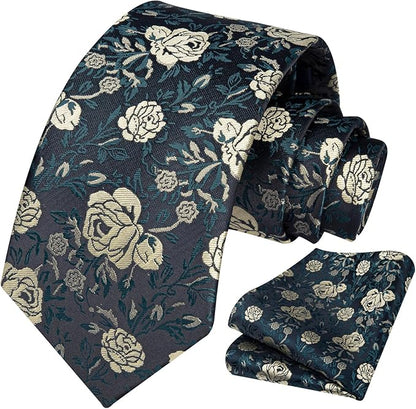 HISDERN Men Floral Ties Woven Classic 3.4" Necktie Set Formal Tie Pocket Square for Wedding with Handkerchief Gift Box
