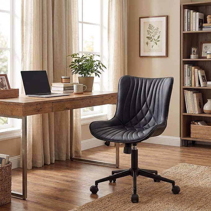 YOUNIKE Office Chair, Armless Desk Chair with Wheels, Home Office Computer Task Chairs, Modern Faux Leather Padded Vanity Chair, Adjustable Swivel Rocking Chair with Back, Black