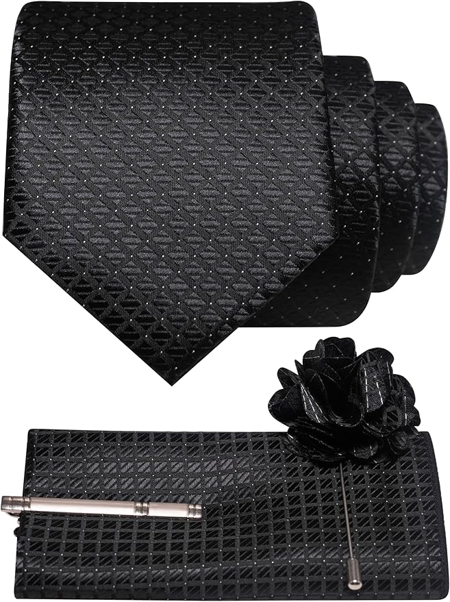 JEMYGINS Mens Solid Color Plaid Tie and Lapel Pin Necktie Pocket Square and Tie Clip with Sets for Business Casual 4PCS
