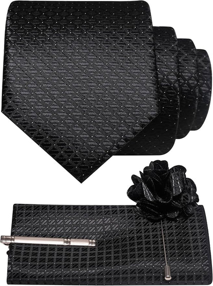 JEMYGINS Mens Solid Color Plaid Tie and Lapel Pin Necktie Pocket Square and Tie Clip with Sets for Business Casual 4PCS