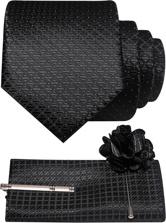 JEMYGINS Mens Solid Color Plaid Tie and Lapel Pin Necktie Pocket Square and Tie Clip with Sets for Business Casual 4PCS