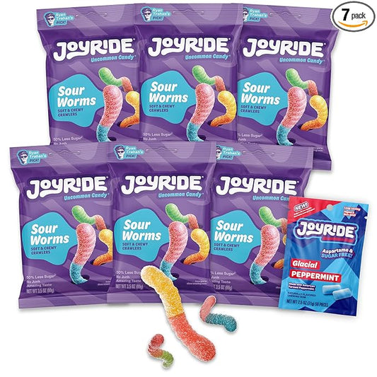 JOYRIDE Sour Worms - 3.5 oz 6-Pack Bundle with 2.5oz Glacial Peppermint Gum, Low Sugar, Low Calorie Snacks, Dye Free Candy (7 Items)