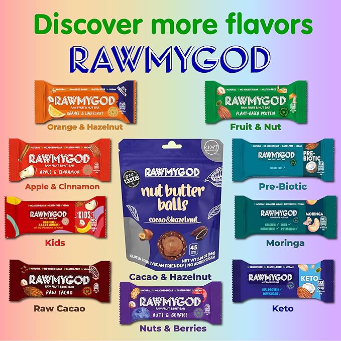 RAWMYGOD Fruit and Nut Bars, Gluten Free, Vegan, No Added Sugar (20 bars, Vitality Pack - 5 Prebiotic, 5 Moringa, 5 Baobab, 5 Daily)