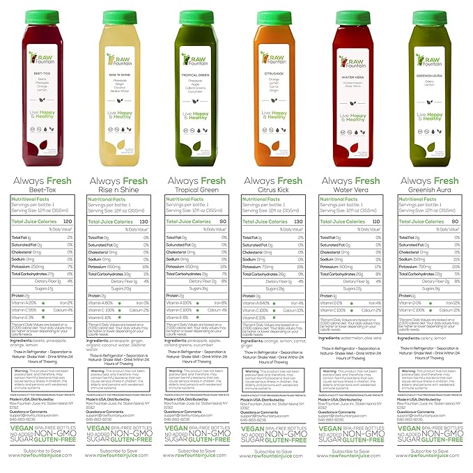 7 Day Juice Cleanse by Raw Fountain, Tropical Flavors, All Natural Raw, Cold Pressed Fruit and Vegetable Juices, Detox Cleanse, 42 Bottles 12oz, 7 Bonus Ginger Shots