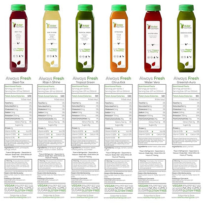 7 Day Juice Cleanse by Raw Fountain, Tropical Flavors, All Natural Raw, Cold Pressed Fruit and Vegetable Juices, Detox Cleanse, 42 Bottles 12oz, 7 Bonus Ginger Shots