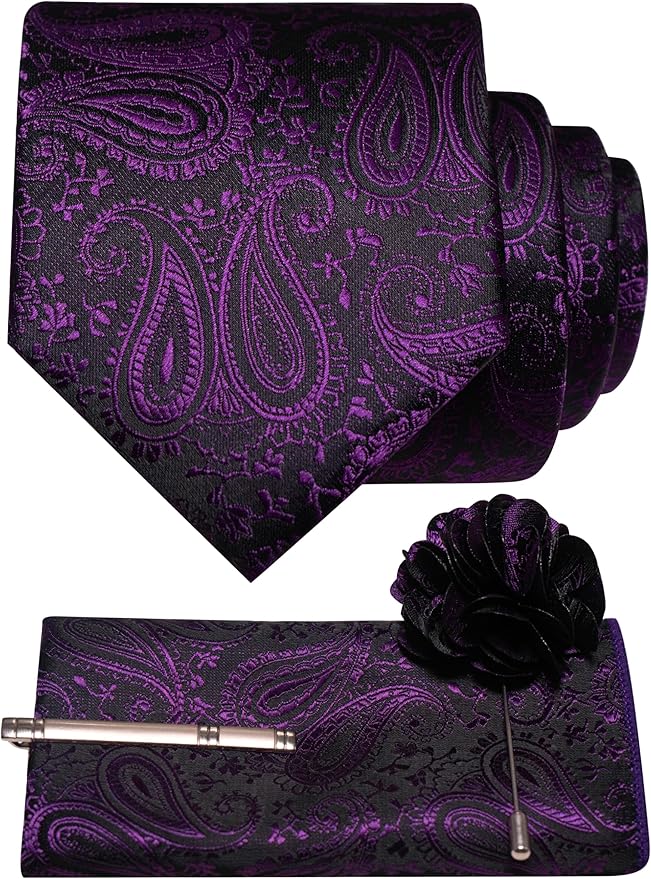JEMYGINS Mens Paisley Tie and Lapel Pin Necktie Pocket Square and Tie Clip with Sets for Business Casual 4PCS