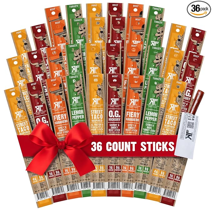 Righteous Felon Beef Sticks Variety Pack | Healthy Snack for Adults | Gluten Free & Keto | Low Sugar & High Protein | Turkey, Pork, Beef Sticks | Jerky Gifts for Men | 36 Pack