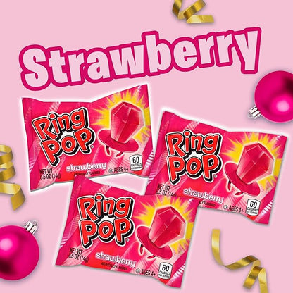Ring Pop Pink Christmas Candy Lollipops, 30 Ct Bulk Strawberry Lollipops Individually Wrapped, Suckers for Kids, Fun Candy for Gender Reveals, Holiday Parties, Stocking Stuffers, Gifts, Party Favors