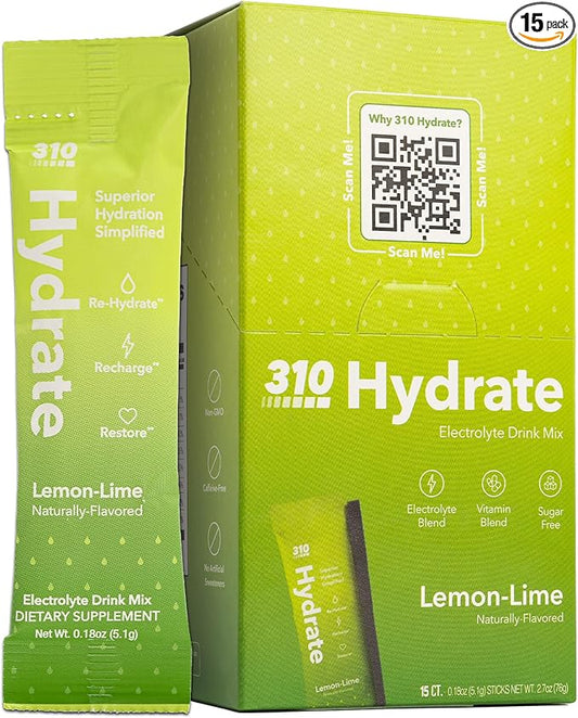 310 Nutrition Sugar Free Electrolytes Powder - Instant Hydration Packets for Daily Fluid Balance - Caffeine-Free Rehydration Drink Mix w/Vitamins, Low Calorie & Keto Friendly - Lemon Lime 15 Singles