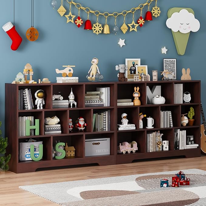 Book Shelf, 10 Cubes Storage Organizer, 3-Tier Open Shelf Wooden Bookcase, Freestanding Cherry Bookshelf Cube Shelf for Bedroom, Living Room, Home Office