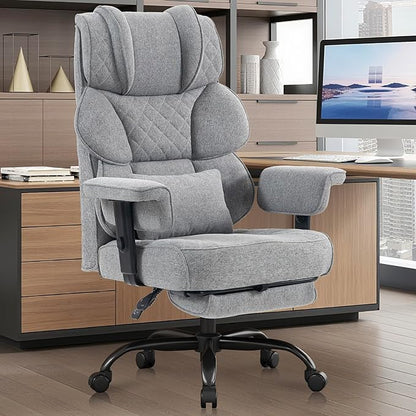 Vonesse Big and Tall Office Chair, Computer Chair with Soft Adjustable Armrests, Ergonomic Gaming Chair with Breathable Linen Design, Executive Chairs with Footrest (Linen Fabric,Light Gray)