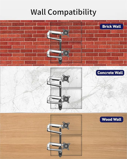 Dual Monitor Wall Mount for Flat or Curved Screens up to 38" Within 25 lbs, Adjustable Monitor Arm with Cable Management, VESA 75x75/100x100mm Monitor Mount for 2 Monitors, Silver
